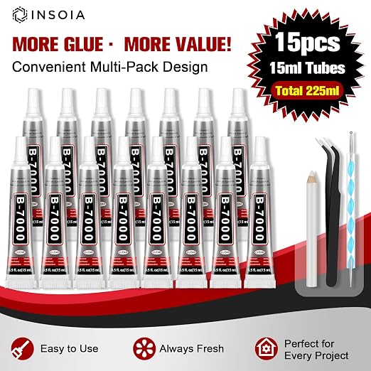 INSOIA B7000 Bedazzling Glue Tool Clear, 15 x 15ml Precision Tip