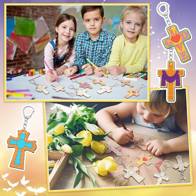 Trnayi 36 Pcs Religious Cross Wood Keychain Color Your Own DIY Craft | Religious Cross Wooden Keychain, Color Your Own Unfinished Craft, Blank Wood Painting DIY Craft, for Easter Art Project