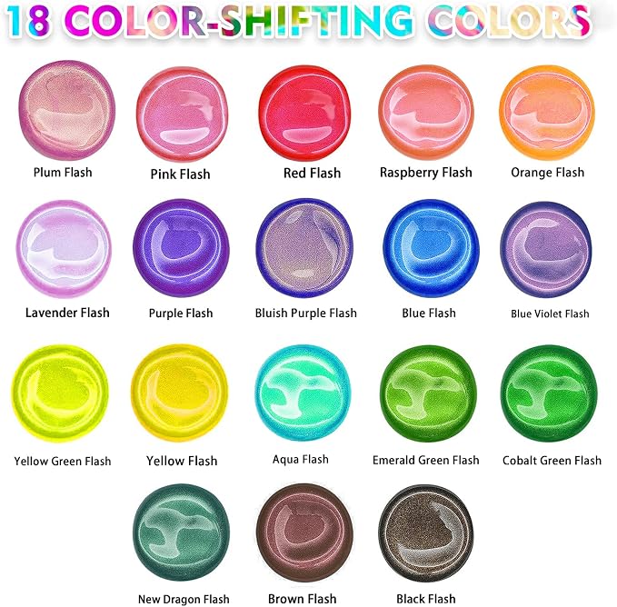 ABEIER Iridescent Acrylic Paint Set, 18 Colors x 2 oz, Non-Toxic | Non-toxic, chameleon color shift, shimmery metallic finish, rich pigments, smooth blending, waterproof when dry