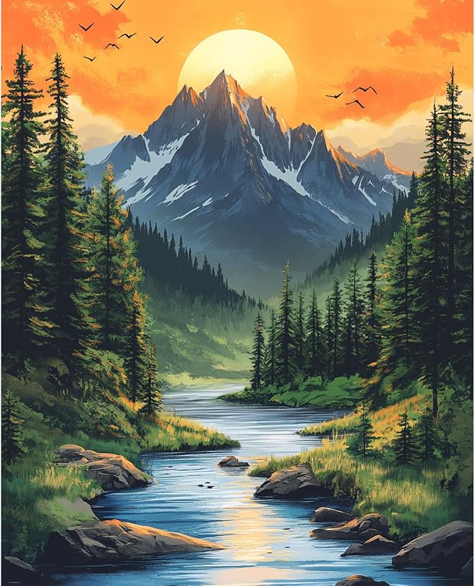 Mountain Paint by Numbers Kit for Adults Beginner Sunset Oil Painting Kit Adult Paint by Number Kits on Canvas Landscape DIY Painting for Beginners Art by Numbers for Gifts Home Wall Decor 16x20 Inch