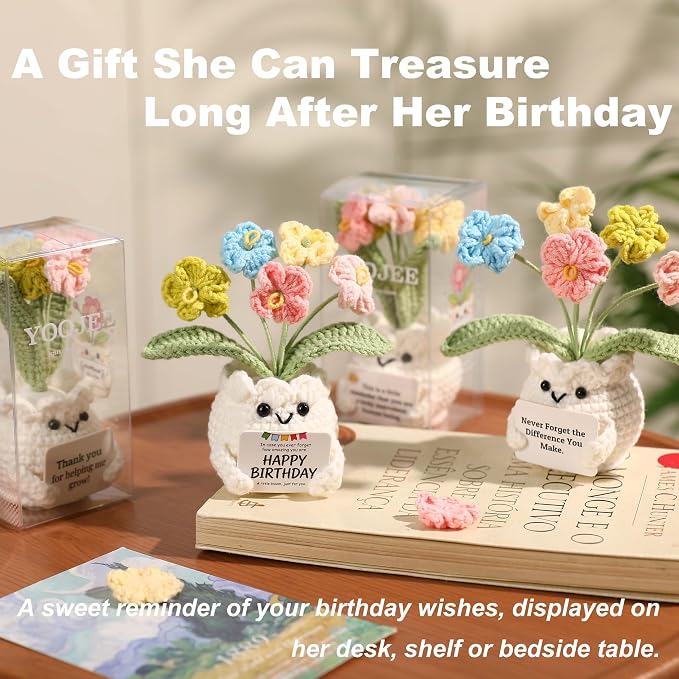 Crochet Forget Me Not Flower Pot Birthday Gifts for Women | Happy Birthday Message Card, Colorful Handmade Keepsake, Gift for Her, Mom, Best Friend, Sister, Coworker, PET Display Box