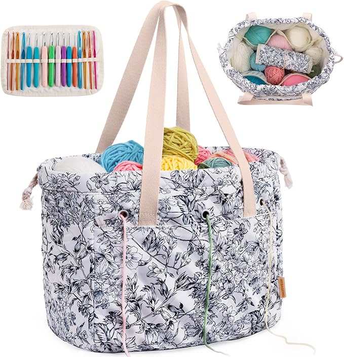 MYBAGZING Portable Crochet Bag Organizer with Crochet Hook Organizer Roll, Quilted Yarn Storage Tote with Grommets, Knitting Project Bag for Yarn & Accessories, Floral Craft Tote Gift for Crocheters