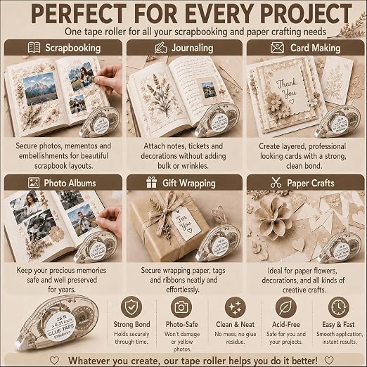 MARCADORUS Glue Tape Roller, Double Sided Scrapbook Tape, 208 Ft Total | 8-Pack_26Ft x 0.31In Tape Runner, Adhesive for Photos, Scrapbooking, Card Making, Paper Crafts & Journaling Supplies
