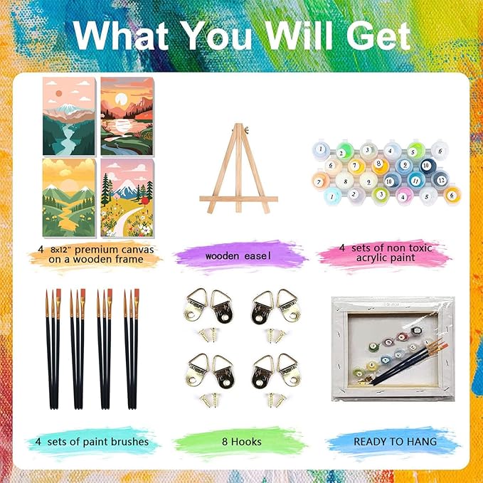 4 Pack Scenery Paint by Numbers for Adults with Frame Canvas - Wooden Easel | Landscape Paint by Number for Beginners, Easy Acrylic Oil Painting Kits with Brushes for Home Wall Decor (8x12 inch)