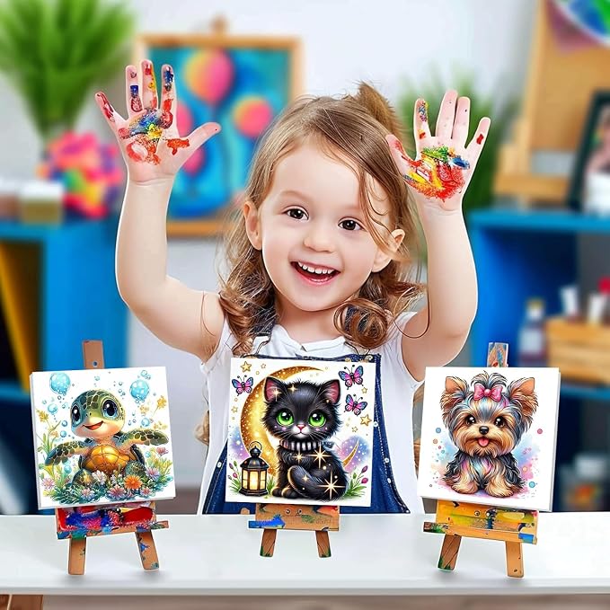 cviokrdu 4 Pack Paint by Numbers Kit for Kids with Frame - Wooden Easel, Animal Paint by Numbers for Kids Ages 4 8 12, Easy Animals Acrylic Oil Painting Kits for Home Wall Decoration 8x8 inch