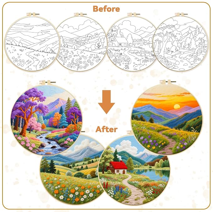 BEUNITONE 4 Set Fairy Tale Landscape Embroidery Kit for Beginners 7.9"x7.9" Pre-Stamped Pattern Needlepoint Kits with Hoop, Tools & Instruction, Handamde Embroidery Kits for Fabric and Home Decor