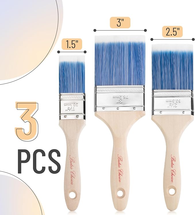 Bates Paint Brushes - 3 Pack, 1.5' to 3', Treated Wood Handle, Multi-Size Stain & Wall Paint Brush Set