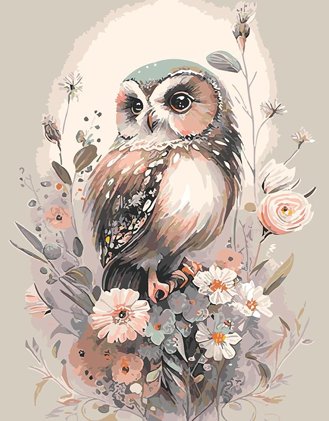 Mrnsiet Owl Paint by Number for Adult Kit, DIY Acrylic Paint by Numbers for Adults Beginner, Owl and Flowers Oil Painting by Number on Canvas for Home Wall Decor 16x20inch