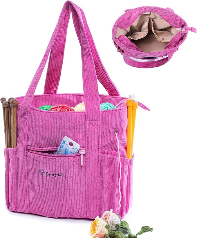 MYBAGZING Crochet Bag and Tote - Corduroy Yarn Bag - Yarn Holder for Crocheting - Crochet Storage Bag for Crochet Hooks, Crochet Accessories, Knitting Bag for Crochet Lovers, Mom Gift