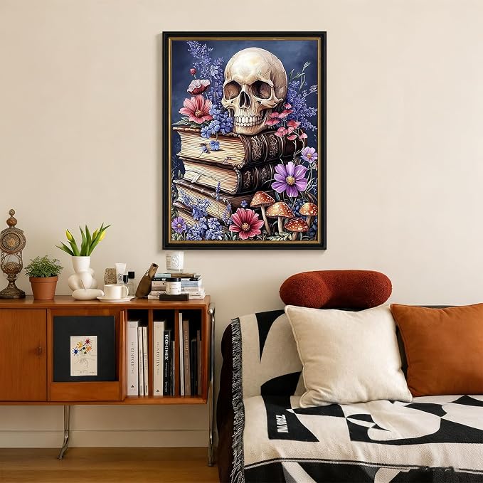 5D Vintage Skull Old Books Diamond Art kits for Adults Beginners 12x16inch | Wild Flower Diamond Painting Kit, DIY Full Round Drill Paint by Diamonds Dot Gem Art for Adult, Home Wall Decor