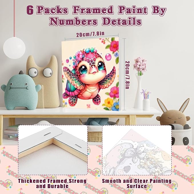 SYDYLH 6 Pack Framed Paint by Numbers Kit for Kids & Adults Beginners, Easy Animal Paint by Numbers Kits with Canvas Paints Brushes, Acrylic Oil Painting Arts and Crafts for Wall Decor 8 x 8 Inch