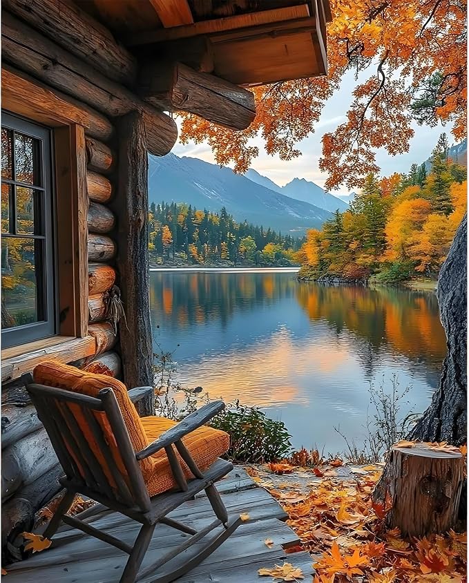 Paint by Numbers Kit for Adults, Fall Lake Cabin Number Painting Canvas Kit | DIY Acrylic Painting Set for Beginners, Stress Relief Relaxing Craft, Home Wall Decor, Holiday Gift for Adults, 16x20 Inch
