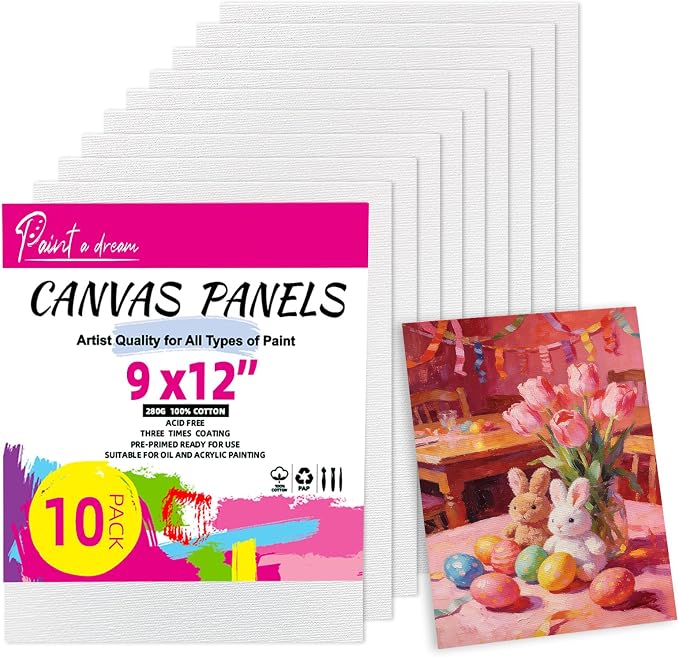 10 Pack 9"x12" Canvas Boards for Painting, Canvas Panels for Acrylics | 100% Cotton, Triple Primed Acid-Free, No Warp, Super Value Pack Panels for Birthday Party Gifts, Kids, Adults & Artists
