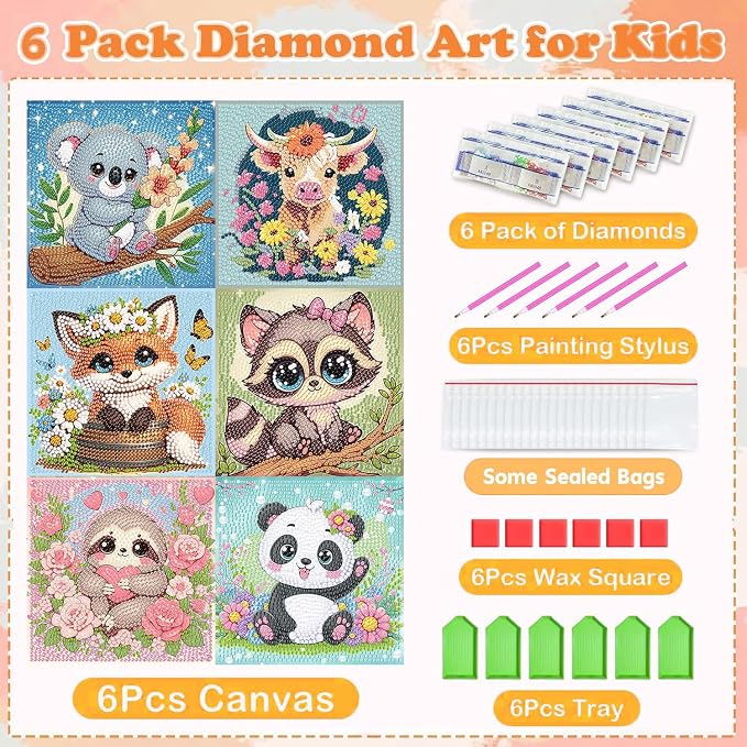 ajepon 6 Pack Animal Diamond Art Kits for Kids, Cute Animals Diamond Art for Kids Ages 8-12, Koala Panda Sloth Raccoon Fox Cow Diamond Painting Kits for Kid for Gift Home Wall Decor (6x6inch)