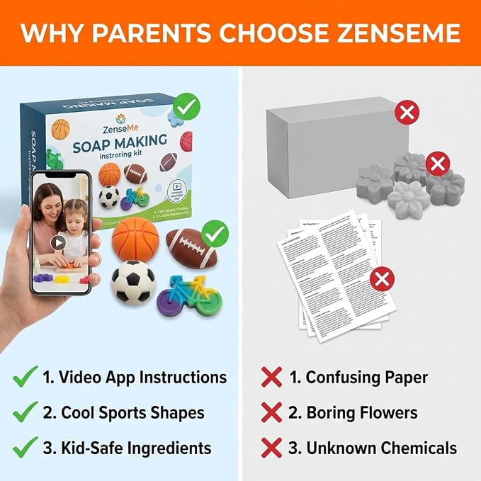 ZenseMe Soap Making Kit for Kids – DIY Sports Theme Soap Making Kit | Sports Shaped Soap Moulds (Basketball, Football, Soccer & Bicycle) Soap Making Supplies that Promote Hygiene Mobile APP
