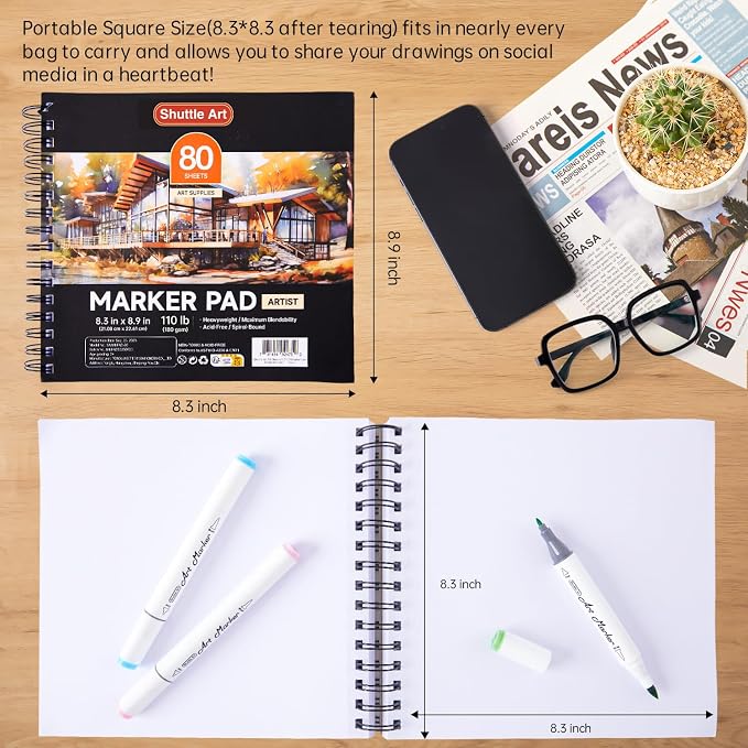 Shuttle Art Marker Pad, 8.3”x8.9” Portable Square Sketchbook, 80 Sheets Marker Drawing Paper, 110LB/180GSM Bleedproof Art Paper, Spiral-Bound, Great for Professional Artist to Draw, Paint & Sketch