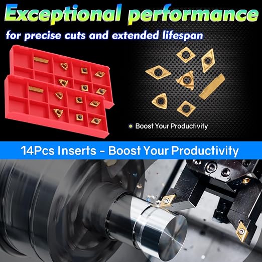 Indexable Lathe Turning Tool 21Pcs Kit 1/4'' 6mm Shank 7Pcs Metal Lathe Tools Holder Set with 14Pcs Turning Inserts for Turning Grooving Threading Boring Carbide Inserts Carbide Turning Tool
