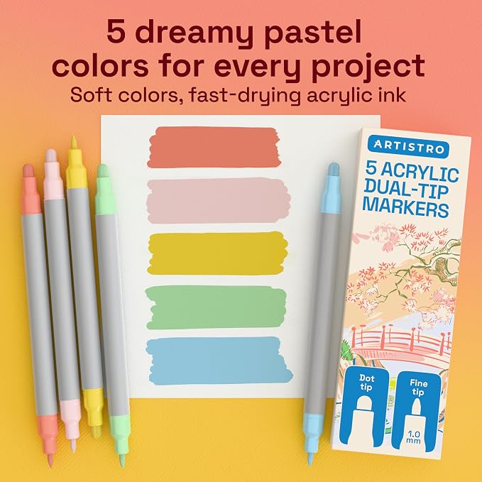 ARTISTRO Pastel Dual-Tip Acrylic Paint Marker Pens - Set of 5 | For Fabric, Rock, Glass, Wood, & Coloring Books, Arts & Crafts Gift, Classroom Must Haves & School Supplies (Dot & Fine Tips)