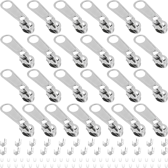 DOITEM 25Pcs Silver Zipper Repair Kit Zippers Replacement 3# Zipper Pull Rescue Kit for Clothing Jackets Purses Luggage Backpacks