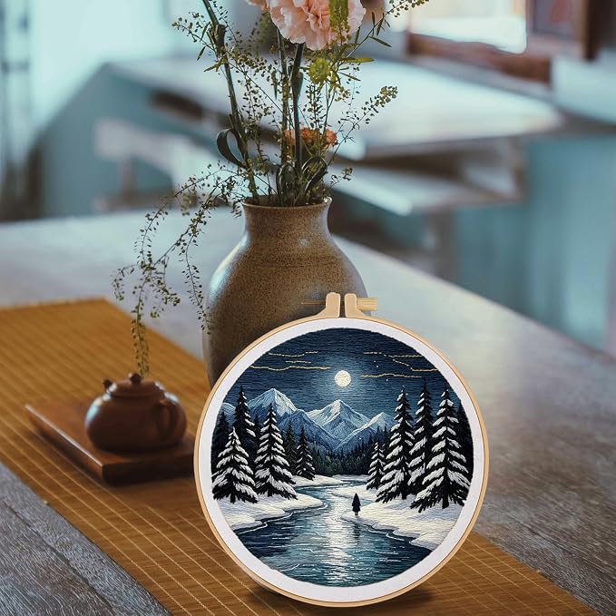FONNUY Embroidery Kit for Beginners, Boho Nature Landscape Pre-Stamped Pattern Kits for Adults with Hoop, Easy to Follow Color Thread Needlework, 8'' Hoop (Winter Night)