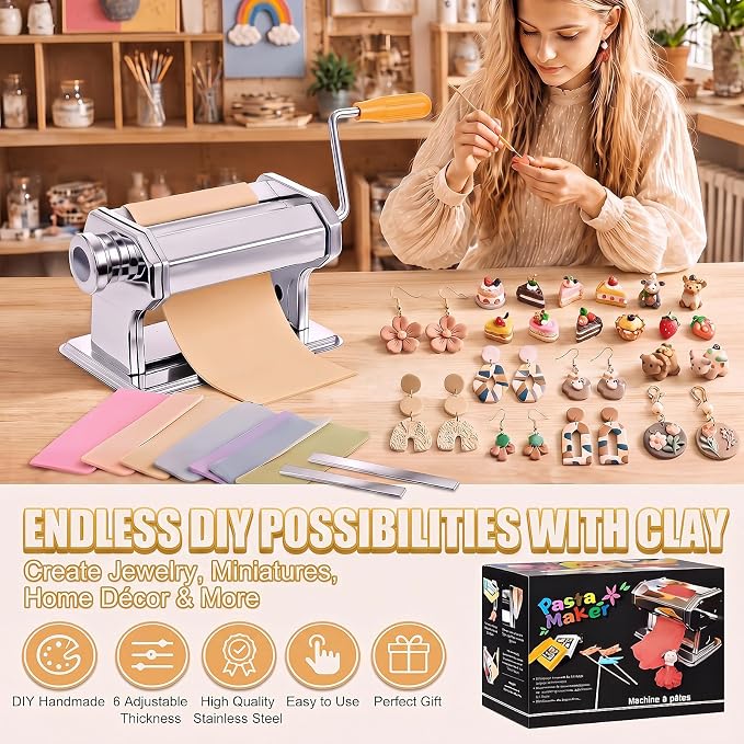 Amylove Polymer Clay Roller Machine with 6 Thickness Settings,Silver
