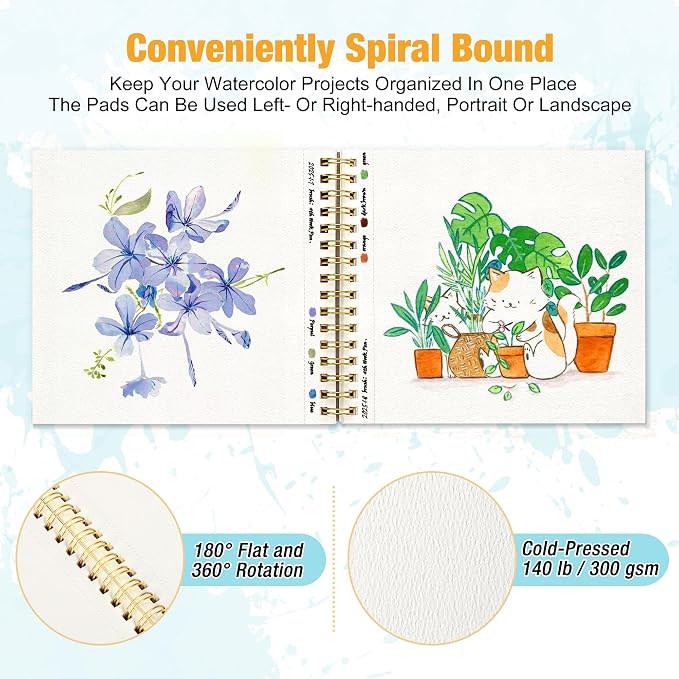 Creazic 5.5"x5.5" Square Watercolor Sketchbook (140lb/300g) - Artist-Grade Paper, Spiral Bound w/Tear Line. Compact Travel Notebook for Watercolor, Hand Lettering & Sketches - Ideal for Kids & Adults