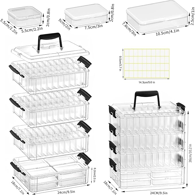 Stackable Bead Storage Organizer, 88 Small Plastic Containers with Lids, 4-Layer Clear Bead Organizer Box, 3 Sizes, Portable, for Jewelry and Crafts