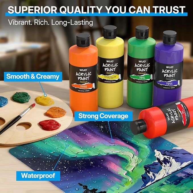 WUO 12 Colors Acrylic Paint Set, 250ml/8.45oz Bottles Artists Acrylic Paint | Large Bulk Rich Pigment Non-Toxic Waterproof Multi-Surface Painting Supplies for Beginners on Canvas Wood Rock Ceramic Crafts