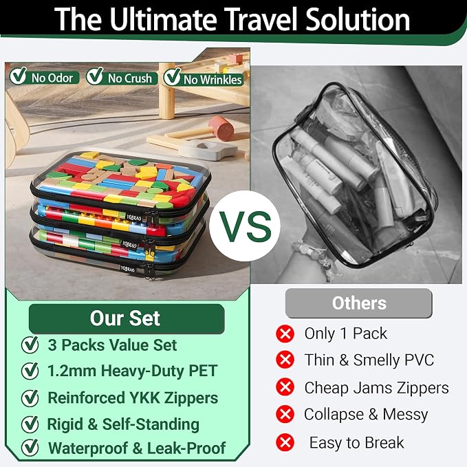 YQBRAO Clear Hard Shell Zipper Cases, 3 Large Travel Organizers, Black