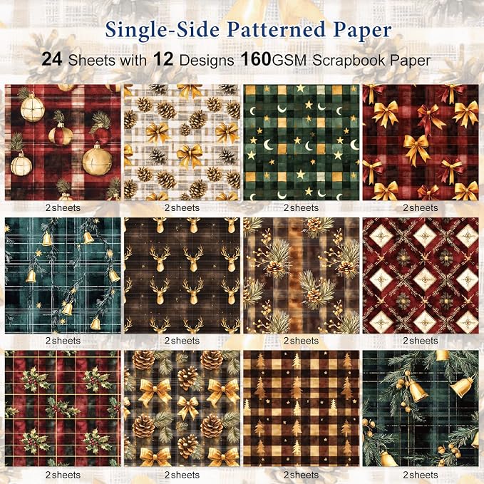 Christmas Scrapbook Paper Pad,6"×6” Single-Sided Decopodge Craft Cardstock Paper, Scrapbooking DIY Decorative Background Cardmaking Supplies 24 Sheets 12 Designs