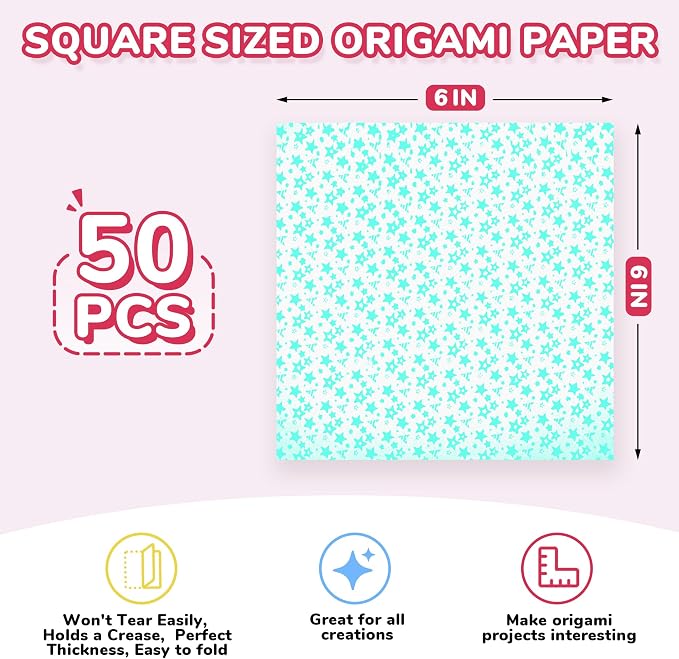 JoyCat Pastel Glow in the Dark Origami Paper, 50 Sheets, 6x6 Inch | Five soft pastel colors charge under light and glow in the dark for stars, flowers, nighttime decor and kids' crafts.