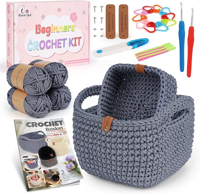 27PCS Crochet Basket Kit for Beginners,Grey Square Basket,Gift Box Package