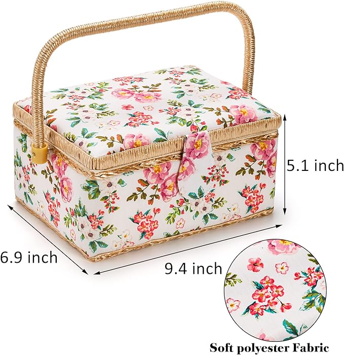ZOOFOX Sewing Basket with Accessories, Wooden Sewing Kit Storage Box with Removable Tray, Vintage Sewing Kits Carrying Bag for Sewing Mending, Beginner, Professional, Floral Print, Gift for Christmas