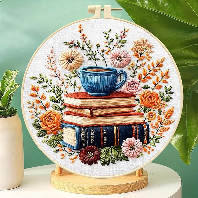 Zhenqing Book Lover Embroidery Kit for Beginners, Books Blooms & Tea Needlework Craft with Pre-Printed Cotton Fabric, Hoop, Threads & Tools, Reading Nook Decor (C0208)
