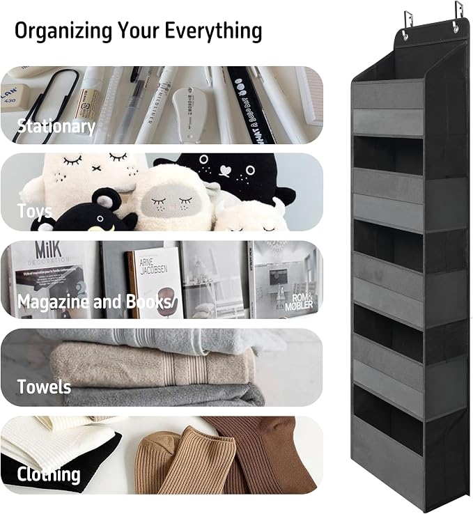 TYMENSH Black Over Door Organizer with 5 Large Clear Pockets and 6 Side Mesh Pockets, Anti-Tilt Hanging Door Storage for Closet, Bathroom, Nursery, Bedroom, Dorm, Toys, Cosmetics