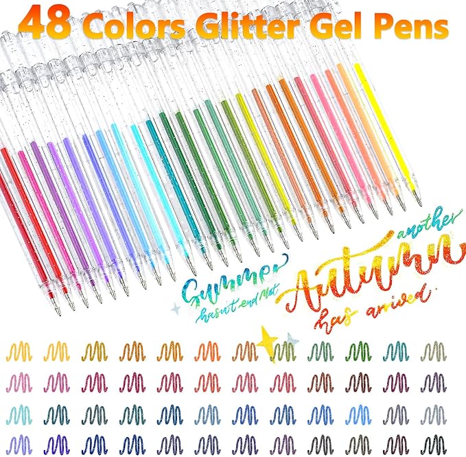 Glitter Gel Pens, 48 Colors Sparkle Gel Pens for Adult Coloring Books, Colorful Metallic Glitter Ink Pen Set, Colored Pen Markers with Shimmer Effect for Journaling, Writing Drawing Taking Office