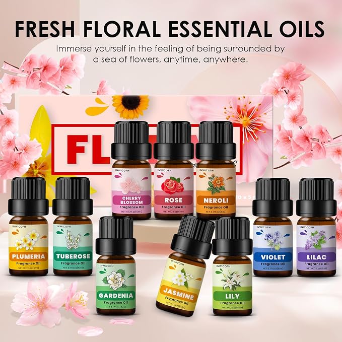 Floral Essential Oils, INWICOPH Flower Fragrance Oil for Candle Making - Rose, Jasmine, Neroli, Gardenia, Lilac, Plumeria and More, Aromatherapy Oils for Diffusers for Home