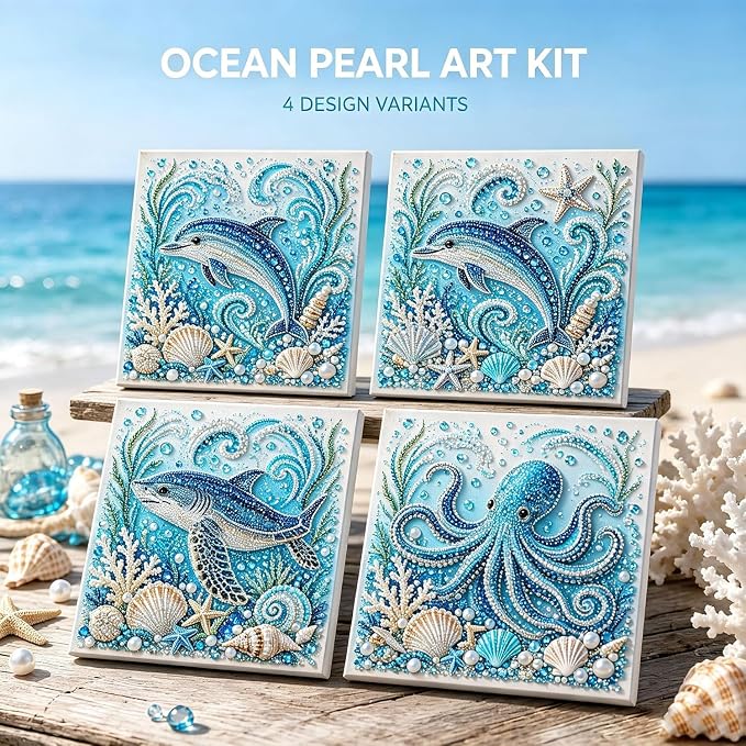 Ocean Theme Pearl Art DIY Kit, Octopus Wave 3D Pearl Craft Kit, Sea Turtle | Sparkling Coastal Pearls Mosaic Art with Pearls & Rhinestones, Ocean Diamond Art for Adults, DIY Home Wall Decor Gift