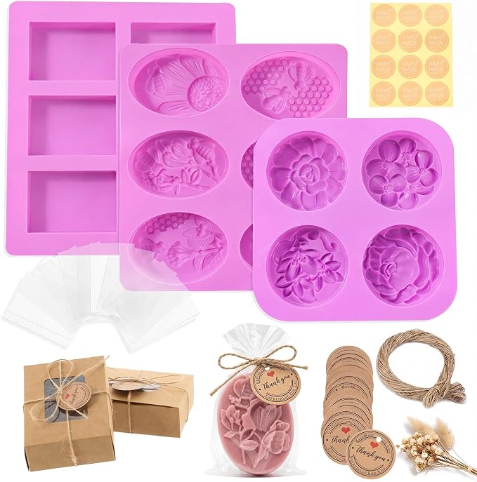 Honeydak Soap Making Kit with 3 Silicone Molds, 50 Clear Bags, 50 Tags, 20 Gift Boxes, 24 Stickers and 65ft Jute Twine, DIY Handmade Soap Mold and Packaging Set for Beginners Gifts Party Favors