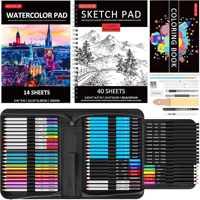 Soucolor 76 Pcs Art Supplies Drawing Kit,Sketch Pencils Set Adults Gift | 76-Piece Art Set Includes Sketch Book, Coloring Book, Graphite Pencils, Watercolor Pencils & Portable Case for Artists