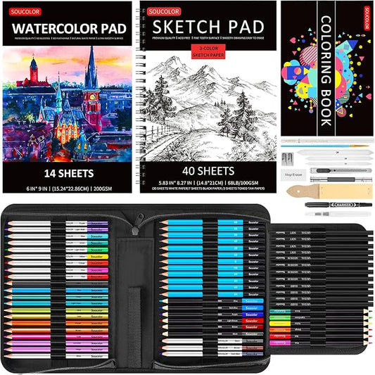 Soucolor 76 Pcs Art Supplies Drawing Kit,Sketch Pencils Set Adults Gift | 76-Piece Art Set Includes Sketch Book, Coloring Book, Graphite Pencils, Watercolor Pencils & Portable Case for Artists