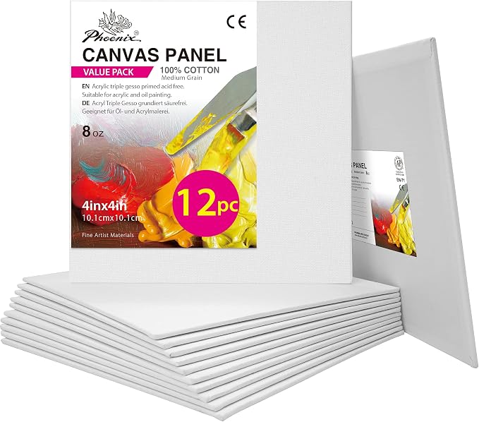PHOENIX Small Painting Canvas Panels 4x4 Inch, 12 Value Pack - 8 Oz Triple Primed 100% Cotton Acid Free Square Canvas Boards for Painting, White Blank Flat Canvas Boards for Acrylic, Oil Paints