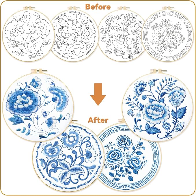 BEUNITONE 4 Set Embroidery Kit for Beginners, Blue Flower Cross Stitch Kits, Needlepoint Kits for Adults with Instructions and Full Kit, Classical Hand Embroidery Patterns for Cloth and Home Decor