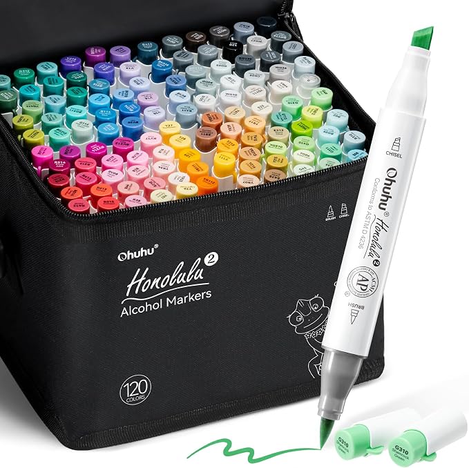 Ohuhu Alcohol Markers Brush Chisel 120 Colors for Adult Coloring Refillable | AP Certified Art Marker Set, Dual Tips Alcohol-based for Artists Beginners Drawing Illustration Sketching, Honolulu 2