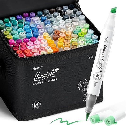Ohuhu Alcohol Markers Brush Chisel 120 Colors for Adult Coloring Refillable | AP Certified Art Marker Set, Dual Tips Alcohol-based for Artists Beginners Drawing Illustration Sketching, Honolulu 2