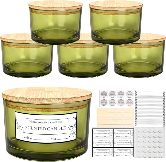 CONNOO 6 Pack 24oz Olive Green Glass Candle Jars with Airtight Bamboo Lids