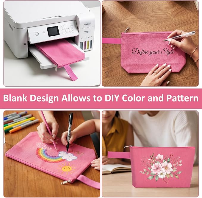 10 Pieces Cotton Canvas Makeup Bag with Bottom and Strap, Multi-Purpose Cosmetic Bag with Zipper Travel Toiletry Pouch, Blank DIY Craft Bag (Hot Pink, L)