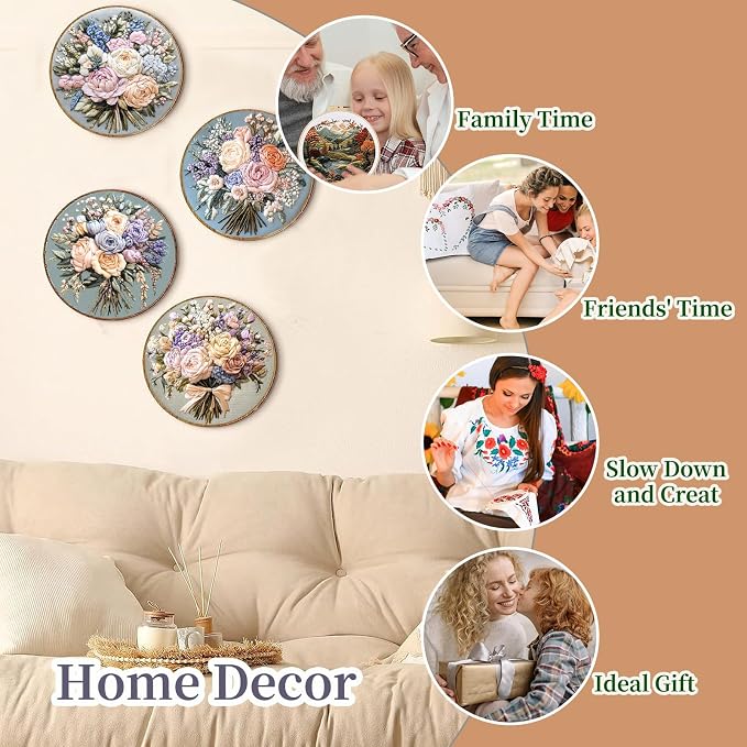 FONNUY Bouquet Flowers Embroidery Kit for Beginners, Pre-Stamped Pattern Kits for Adults with Hoop, Easy to Follow Color Thread Needlework, 8'' Hoop (Heartwarming)