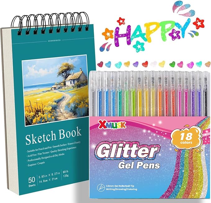 18 Colors Glitter Gel Pens Set with A5 Sketchbook (50 Sheets 120gsm)