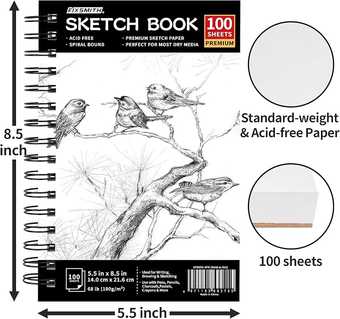 FIXSMITH 5.5"X8.5" Sketch Book, 400 Sheets (68 lb/100gsm) Sketchbook | Acid Free Drawing Paper | Spiral Bound Artist Sketch Pad | for Kids, Beginners, Artists & Professionals | Bright White